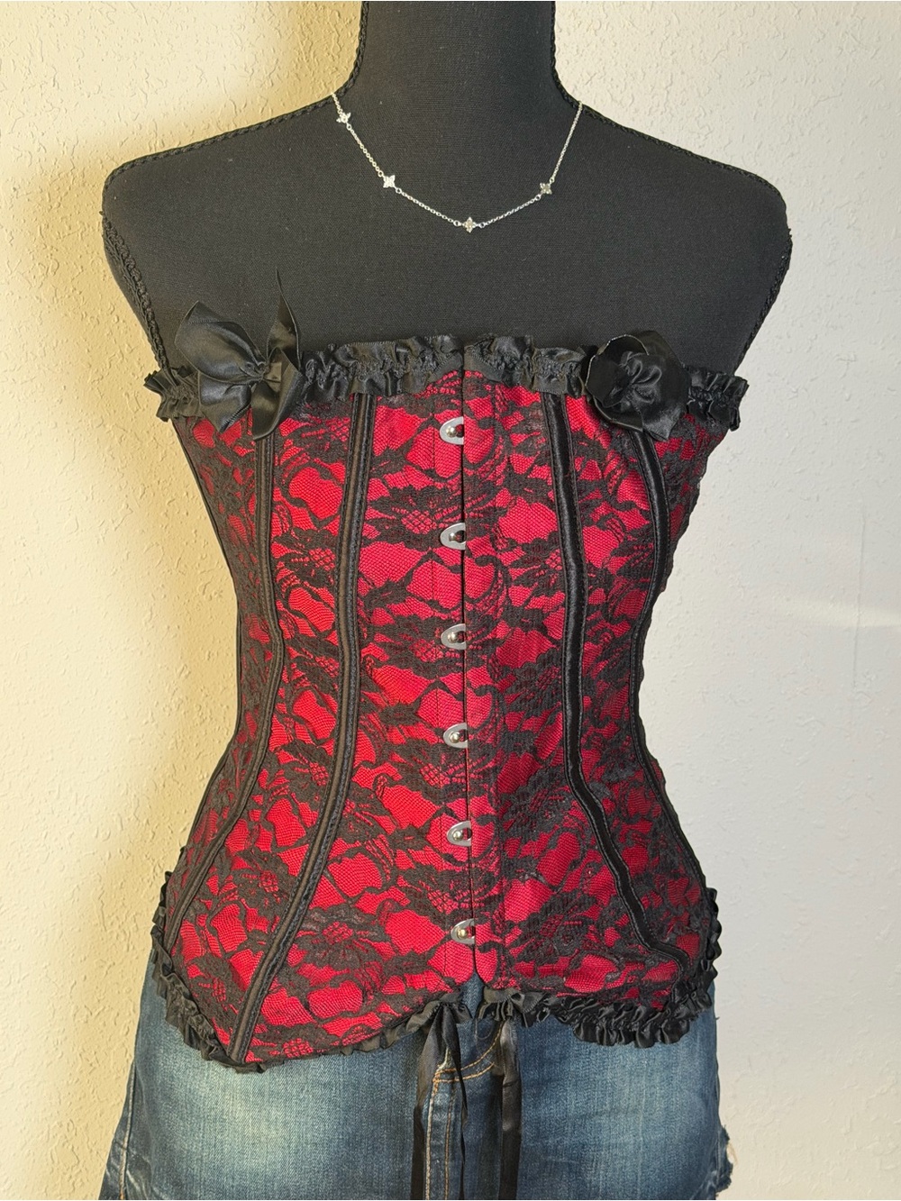 Red Lace Overbust Corset with Black Trim